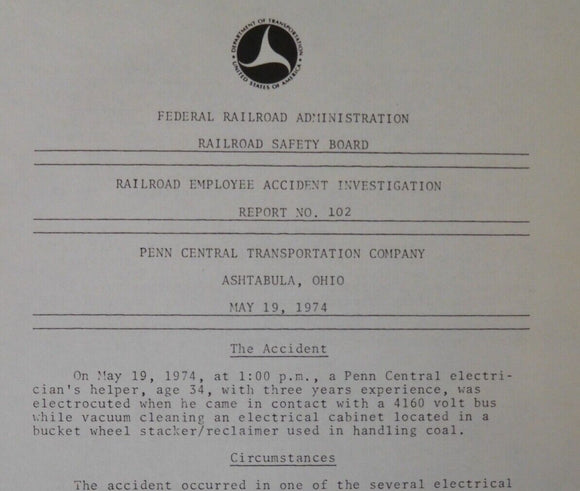 Railroad Employee Accident Investigation Report #102 Penn Central Ashtabula