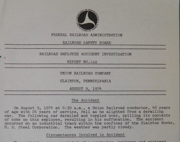 Railroad Employee Accident Investigation Report #168 Union Railroad Clairton PA