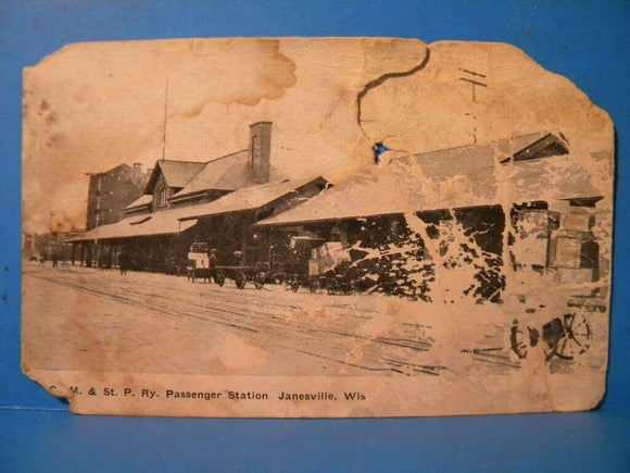 Postcard C.M. & St. Paul RY Passenger Station Janesville Wisconsin 1900's Damage