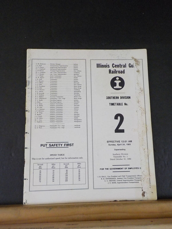 Illinois Central Gulf Railroad  Southern Division Employee Timetable #2  1983