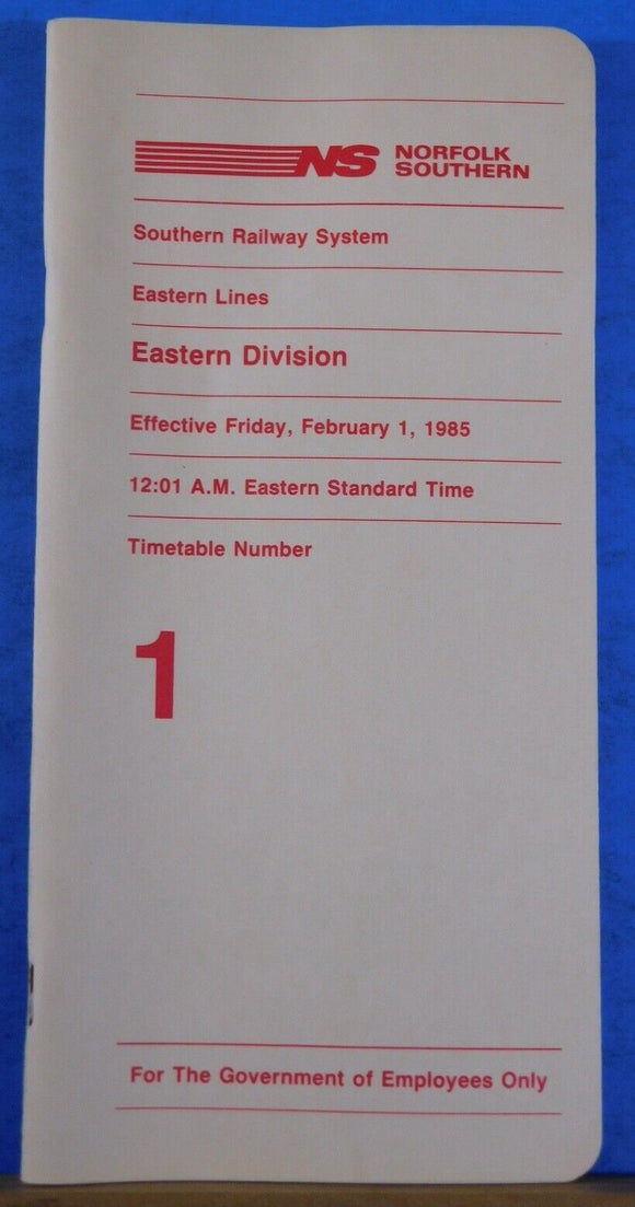 Norfolk Southern Railway System Employee Timetable #1 Eastern Division 1985