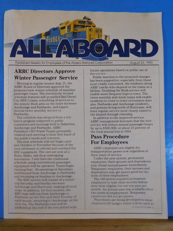 All Aboard 1985 Aug 23 Employees of Alaska Railroad Corporation Newsletter