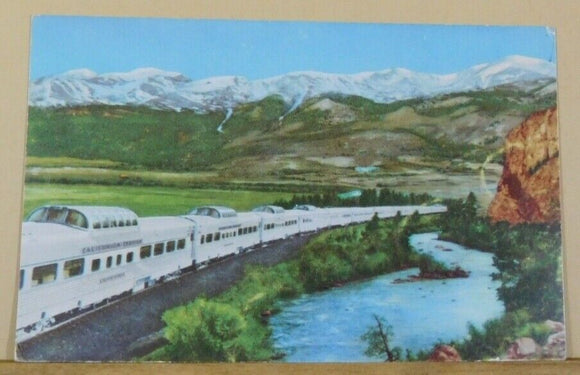Postcard Diesel Powered stainless steel California Zephyr Observation cars, moun