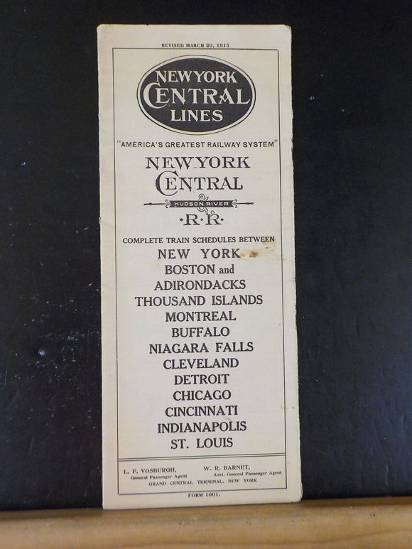 New York Central Lines 1913 March 20 Public Timetable Form 1001