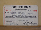 Pass Southern Railway Company Annual Employee Pass 1926 #B6981