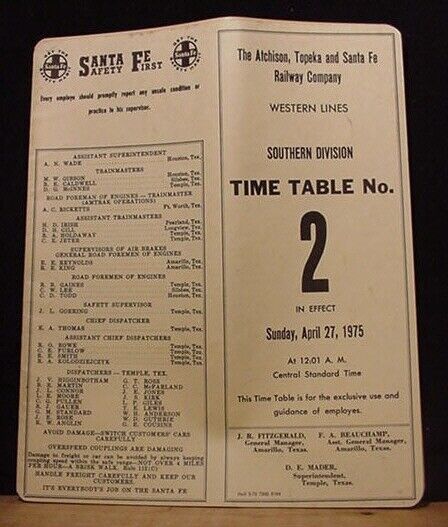 Atchison Topeka & Santa Fe Southern Div ETT #2 1975 SF ATSF Western Lines