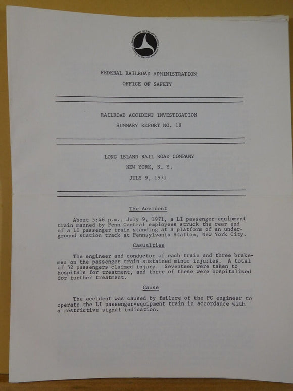 Railroad Accident Investigation Report #18 Long Island Rail Road Co 1971