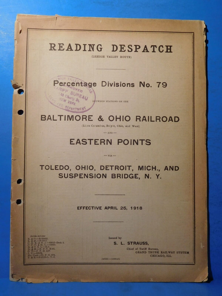 Despatch Railroad Reading Despatch Percentage Divisions #79 B&O Railroad and Eastern Poi ...
