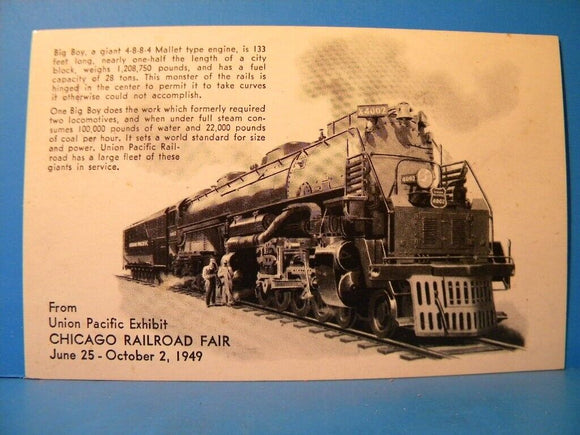 Postcard Big Boy Mallet Engine Union Pacific Exhibit Chicago Railroad Fair 1949