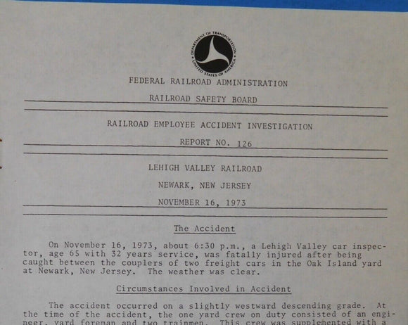 Railroad Employee Accident Investigation Report #126 Lehigh Valley RR Newark