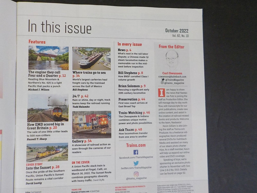 Trains Magazine 2022 October Sunset Route Largest rail ferry R&N 4-6-2 ...