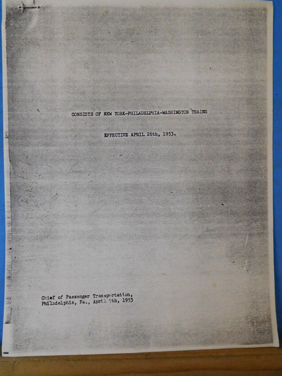 Consists of New York-Philadelphia-Washington Trains Reprint of 1953 document