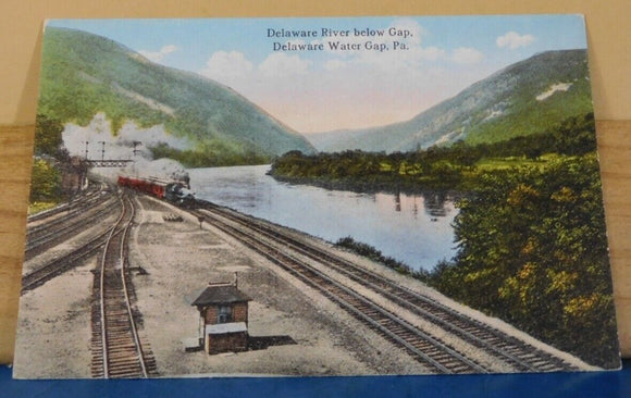 Postcard Delaware River below Gap Delaware Water Gap PA with tracks and train