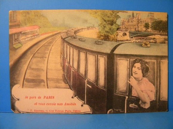 Postcard French Passenger Train Message from Paris, Vintage Carte Postale Paris
