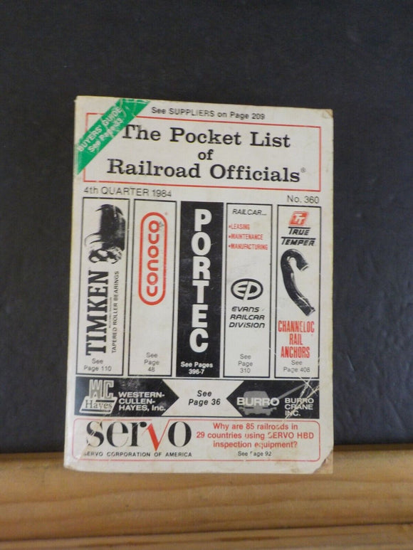 Pocket List of Railroad Officials #360 1984  4th quarter    1000 pages