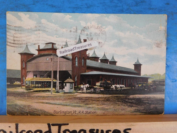 Postcard Burlington VT Railroad Station Postmark 1908 to Edna Colley