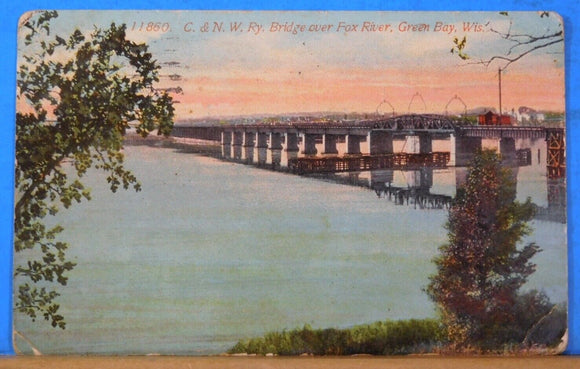 Postcard C&NW Railway Bridge over Fox River Green Bay WI Postmarked 1914