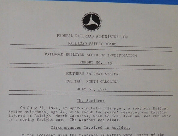 Railroad Employee Accident Investigation Report #140 Southern Railway Raleigh