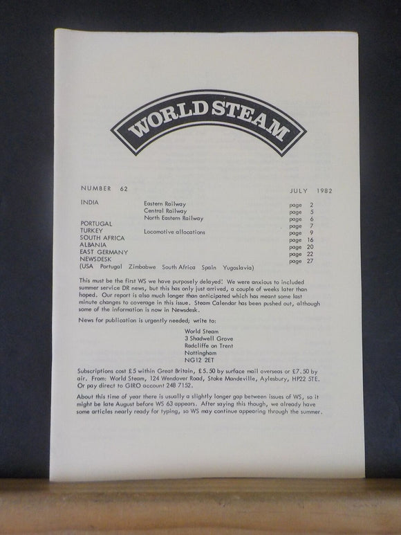 World Steam #62 July 1982 Eastern Ry Turkey locomotive allocation Portugal USa