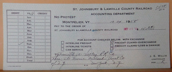 Check St. Johnsbury and Lamoille County Railroad 1958 Oct 24 Lehigh Valley $15.8
