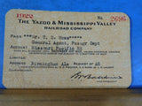 Pass Yazoo & Mississippi Valley Railroad Annual Employees Pass 1922 Y&MVRR