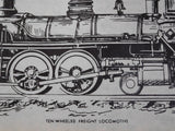 Print Ten Wheeled Freight Locomotive Pen Drawing Copy 26 x 10 Eureka