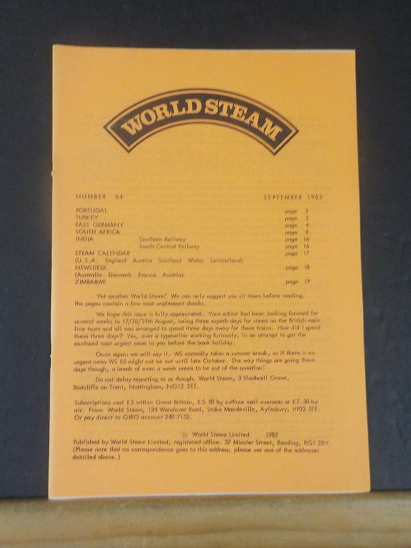 World Steam #64 September 1982 India Southern Ry South Central RY East Germany