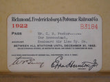 Pass Richmond Fredericksburg & Potomac Railroad Annual Employee Pass 1922 #B3184
