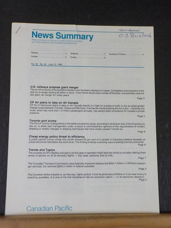 Canadian Pacific News Summary 1980 June 13 U.S. railways propose giant merger
