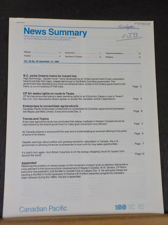 Canadian Pacific News Summary 1980 December 12 B.C. picks Ontario trains for tra