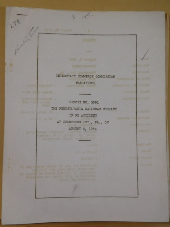 Railroad Accident Investigation Report #3591 Pennsylvania Railroad Co 1954