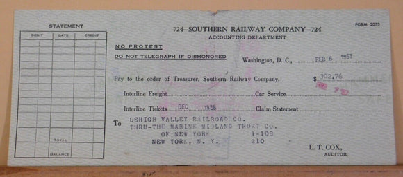 Check Southern Railway Co and Lehigh Valley Check 1957 Feb 6 $302.76