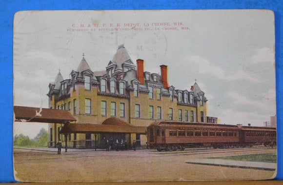 Postcard C.M. & ST. P.R.R. Depot La Crosse Wis. Postmarked 1909
