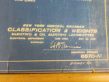 Blueprint Chart New York Central RR Classification & Weights Electric & Oil Ele