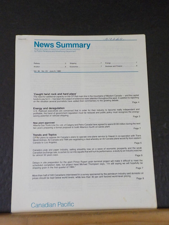 Canadian Pacific News Summary 1980 June 6 Caught twixt rock and hard place