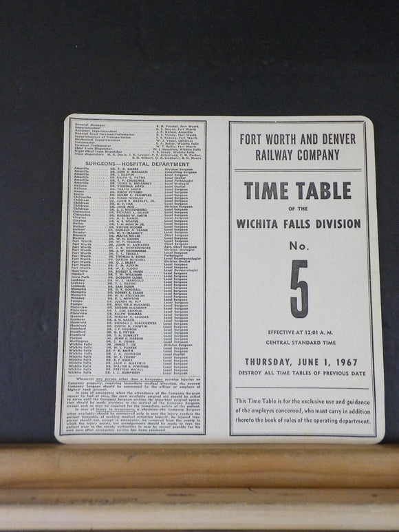 Fort Worth & Denver Railway Co Wichita Falls Division Employee Timetable #5 1967