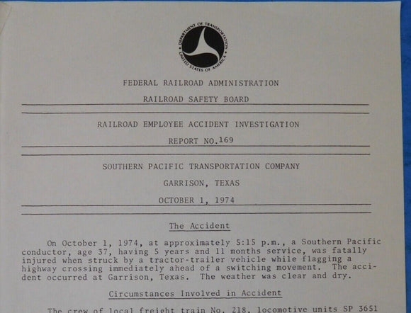 Railroad Employee Accident Investigation Report #169 Southern Pacific Garrison