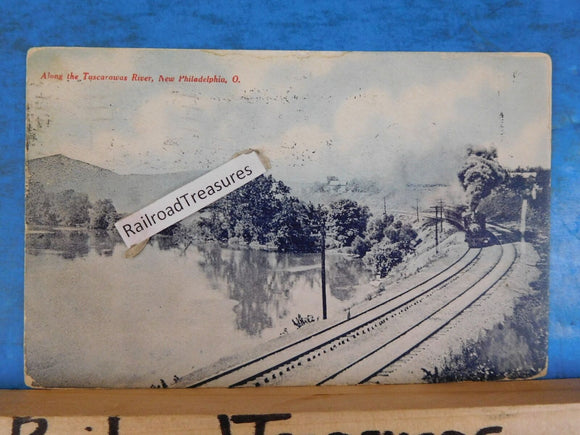 Postcard Along the Tuscarawas River New Philadelphia OH train tracks steam loco