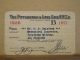 Pass Pittsburgh & Lake Erie Railroad Annual Employee Pass 1926 #B1973