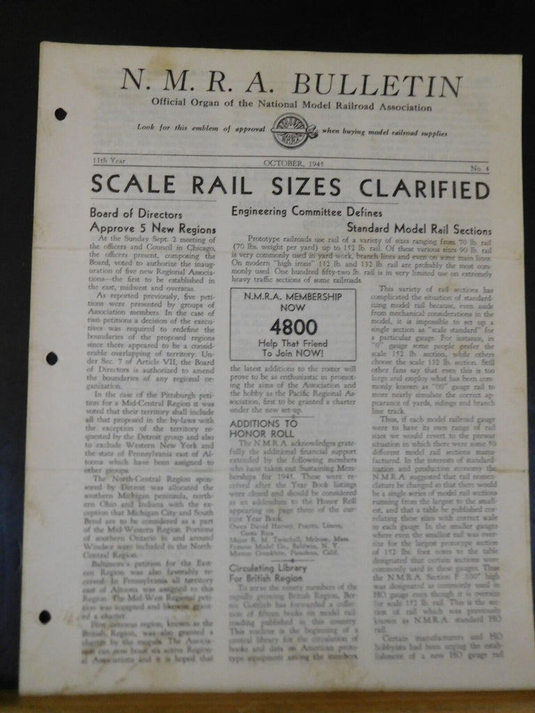 NMRA Bulletin 1945 October #4 of 11th Year Scale rail sizes clarified ...