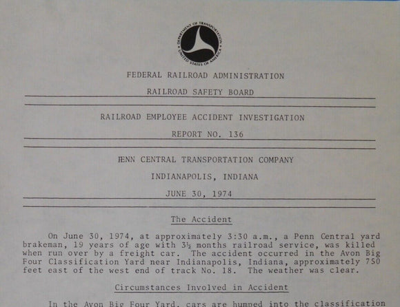 Railroad Employee Accident Investigation Report #136 Penn Central Indianapolis