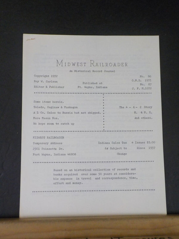 Midwest Railroader #86-87  Oct-Nov-Dec 1971  & Jan-Feb-Mar 1972 Toledo Saginaw &