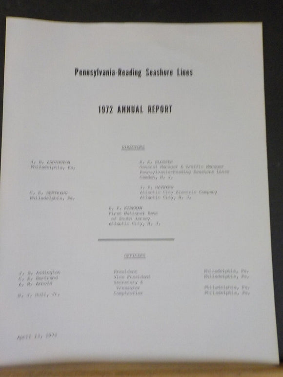 Pennsylvania-Reading Seashore Lines annual report 1972