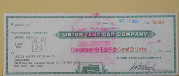 Check Union Tank Car Co and Lehigh Valley Check 1958 Oct 21 $12505.24