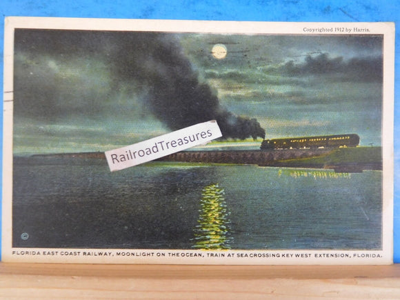 Postcard Florida East Coast Railway Moonlight on the Ocean Train at Sea Crossing