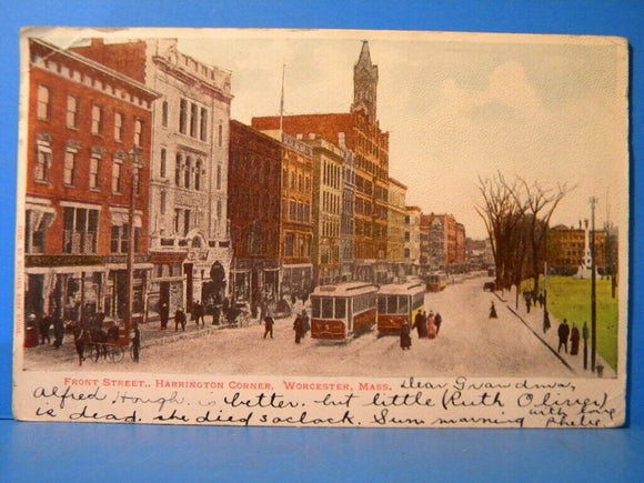 Postcard Front Street Harrington Corner Worcester Mass Postmarked 1910 Braintree