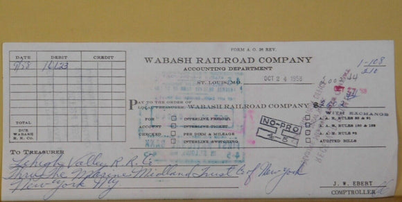 Check Wabash Railroad Company Check 1958 Oct 24 Lehigh Valley $2002.44