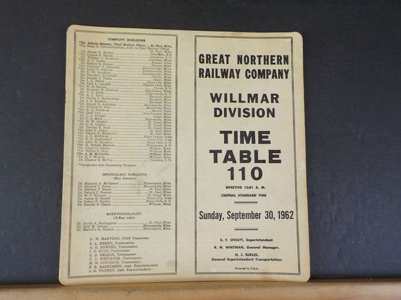 Great Northern Railway Co Willmar Division Employee Timetable #110 Effective Sep