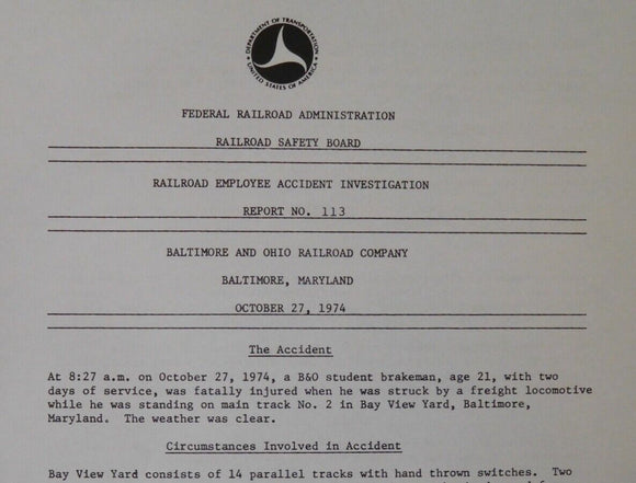 Railroad Employee Accident Investigation Report #113 Baltimore & Ohio B&O