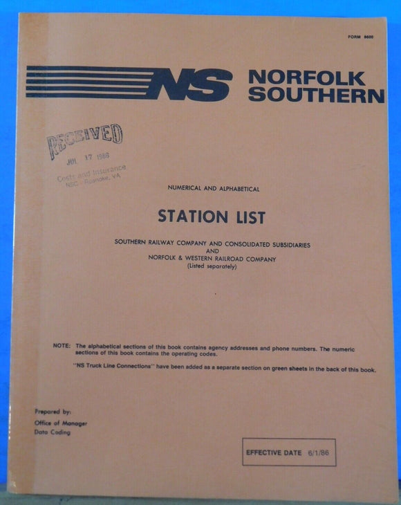 Norfolk Southern Station List 1986 Form #8600 Soft Cover 300 pages